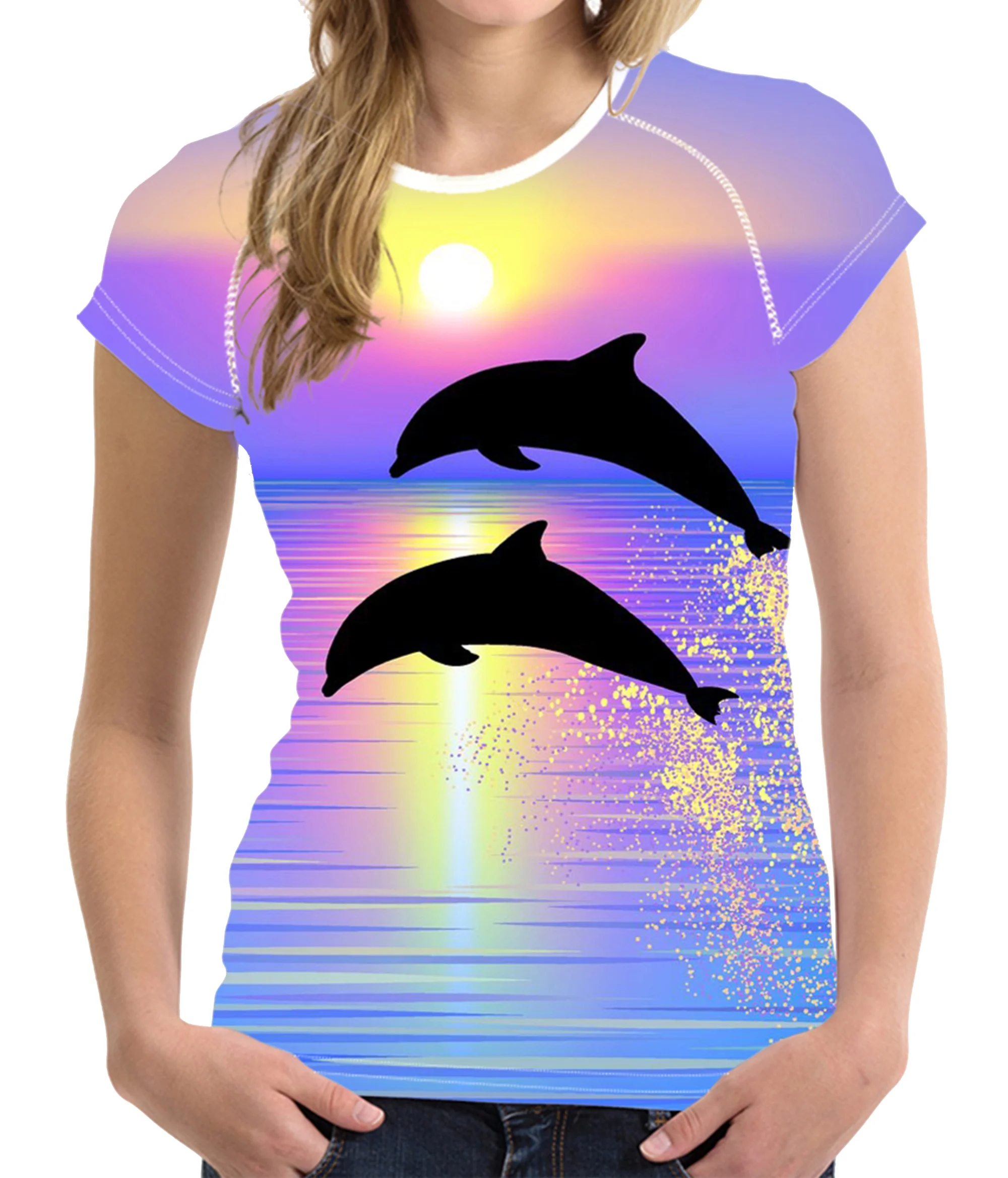 

Women's Fashion Summer Casual Short Sleeve Round Neck 3d Printed T-shirt Dolphin Shirt Tops