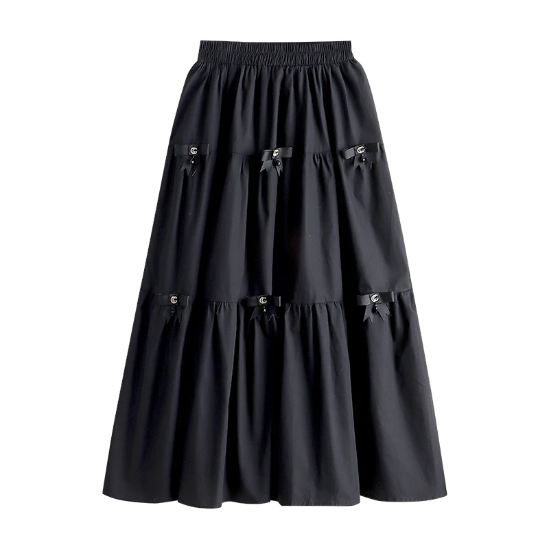 2022 Women's Spring New High-waisted Bow-decorated Skirt Black Stitching Mid-length Large Swing A-line Skirt enlarge