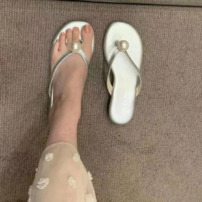 

Женские шлепанцы, повседневные шлепанцы с жемчугом, однотонные, 2023