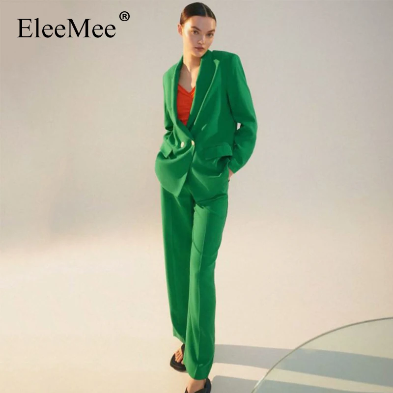 

EleeMee 2021 осенний Новый Женский блейзер и брюки комплект из двух предметов двубортный карман зеленые повседневные модные костюмы размер Xs-L