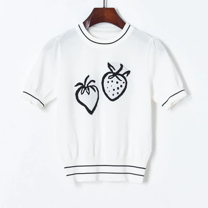 

Футболка женская трикотажная с круглым вырезом, Повседневная рубашка из Джерси с коротким рукавом, клубнично-белого цвета, одежда в корейск...