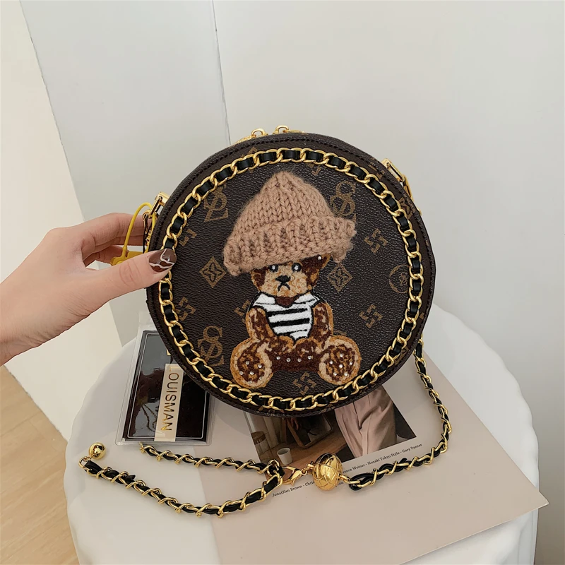 

Bear Vintage Crossbody Bags for Women 2022 New Cartoon Print Small Round Bag Chain Leather Cute Shoulder Bags Luxury Bag Woman