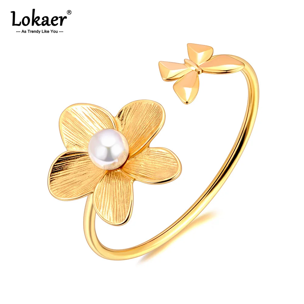 Женский Жемчужный Браслет Lokaer Открытая Нержавеющая Сталь 316L С 18-каратным