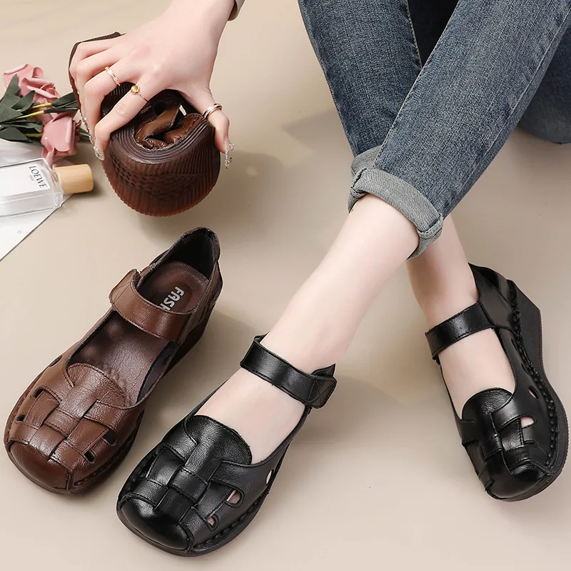 High Quality Roman Sandals Women’s Summer Genuine Leather Weave Shoes Mom Gladiator Lady Closed Toe Elderly Flat Wedged Sandals