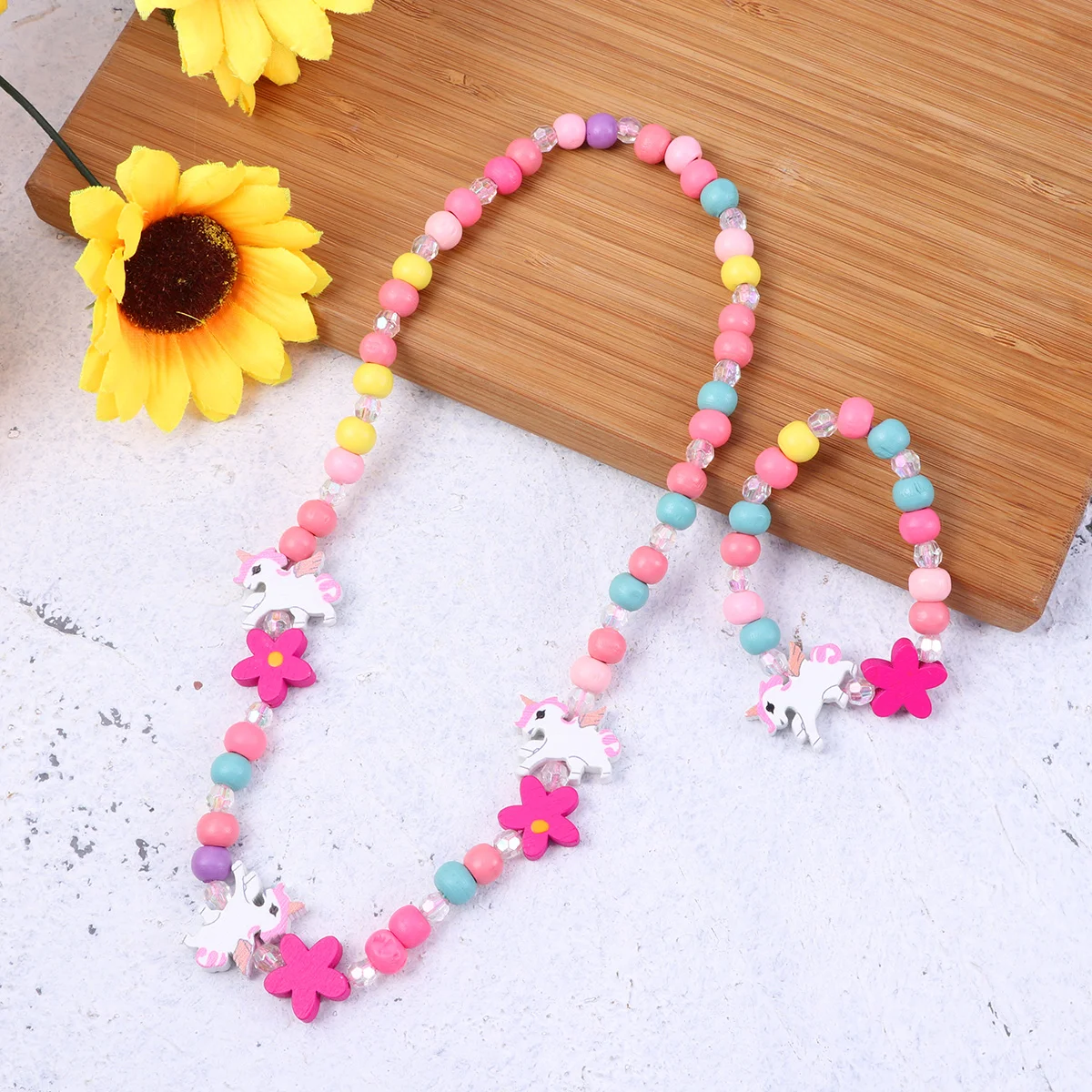 

Flower Beads Necklace& Bracelet Set, Wooden Colorful Necklace Bracelet, Wooden Beads Necklace Dress for Little Girl Toddlers