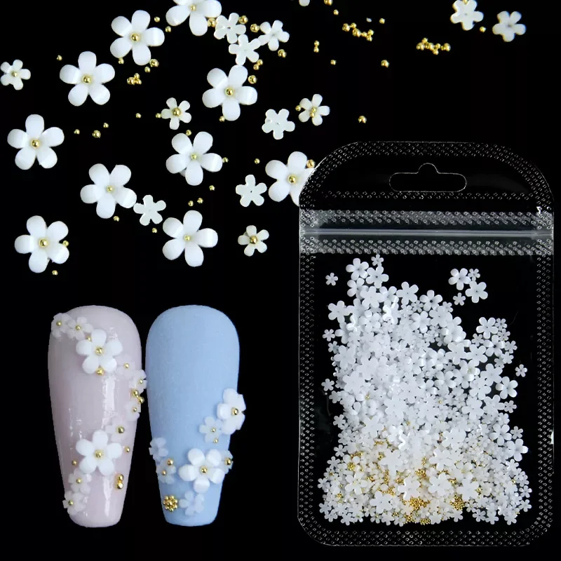 

White Acrylic Flower Nail Rhinestones Mix Rose Gold Silver Gem Nail Art Decoration Manicure Accessories 3D Nails Design