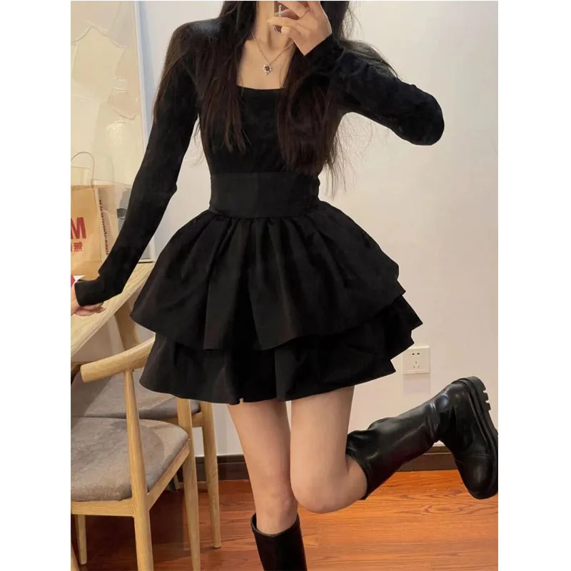 

Black Knitted Women's Dress Party Bodycon Tunic Fluffy Korean Fashion Harajuku Long Sleeve Mini Dresses Summer Aesthetic