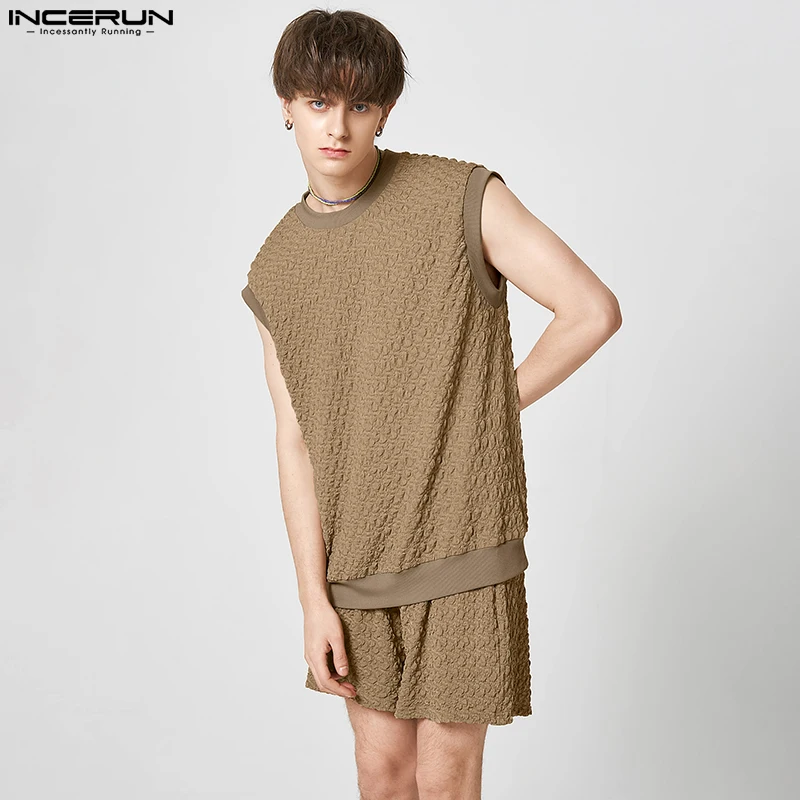 

Casual Simple Style Sets INCERUN Men's Solid Color Round Neck Vests Capris Stylish Well Fitting Streetwear Two-piece Sets S-5XL