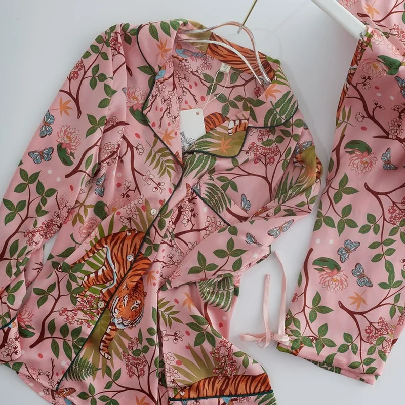 New Designer Pajama Set Tiger Blossom Silk Pyjamas Women's Satin Pajamas Set Women's Sleepwear Dropshipping