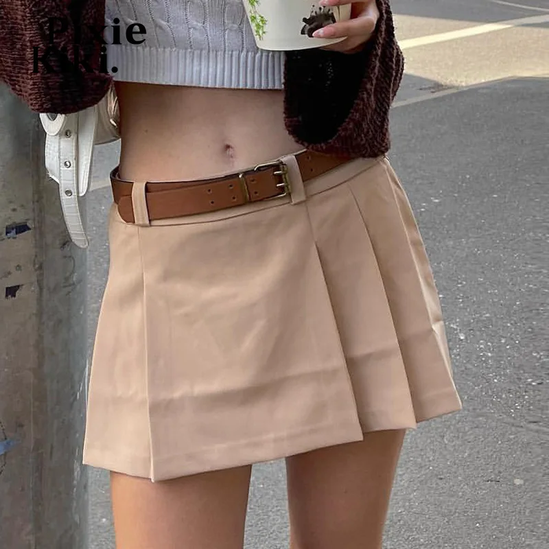 

PixieKiki Sexy Short Mini Skirt with Belt Y2k Women Low Rise Pleated Cargo Skirts Girls Preppy Style Vintage Bottoms P67-DC24