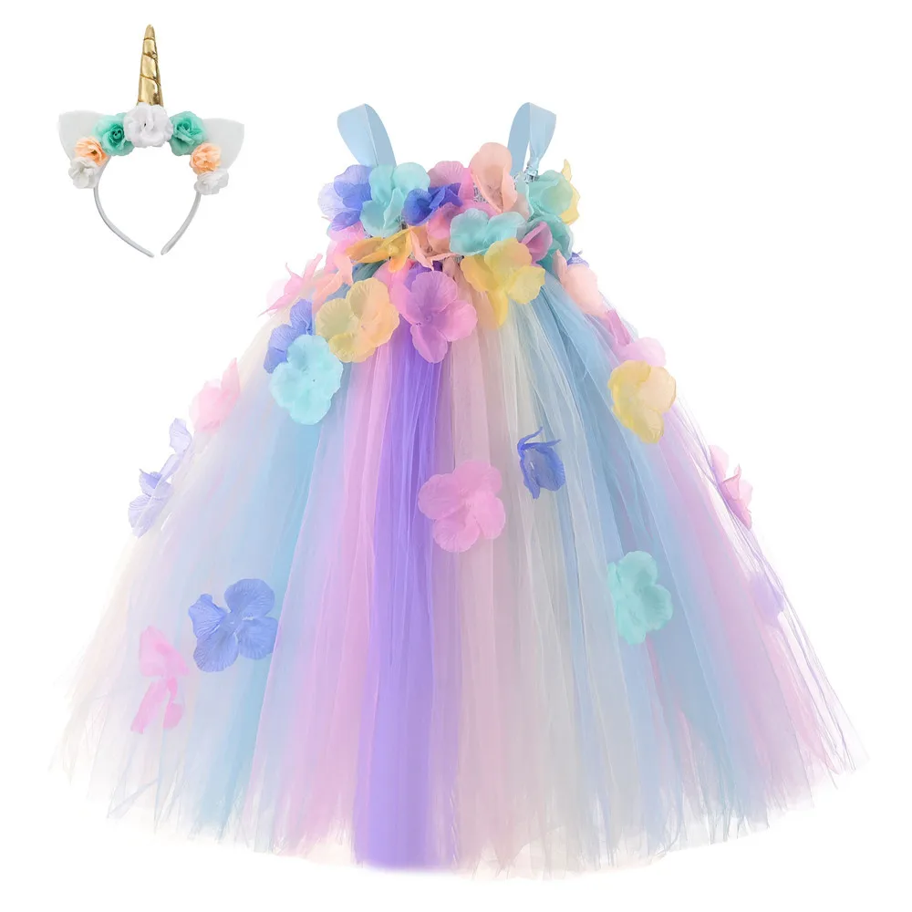 

Unicorn Flower Princess Dress Big Children's Gift Dress Cross-Border Children's Tutu Gauze Dress Factory Wholesale