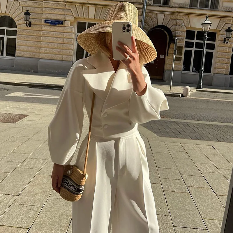Winter Women Elegant Lantern Sleeves Two Piece Sets Leisure Loose Cropped Coat And Wide Leg Pants Suit Chic Office Lady Outfits
