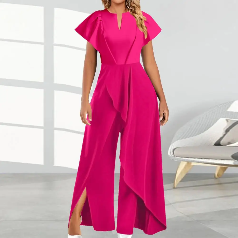 

Women Party Jumpsuit Wide Leg High Waist Split Hem Solid Color Short Sleeves V Neck Irregular Deep Crotch Lady Banquet Long Jump