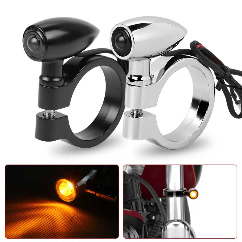 

41mm fork tubes Motorcycle LED Turn Signal light Black/Chrome mini turn signal lamp Bullet flasher Light clignotant moto led 12V