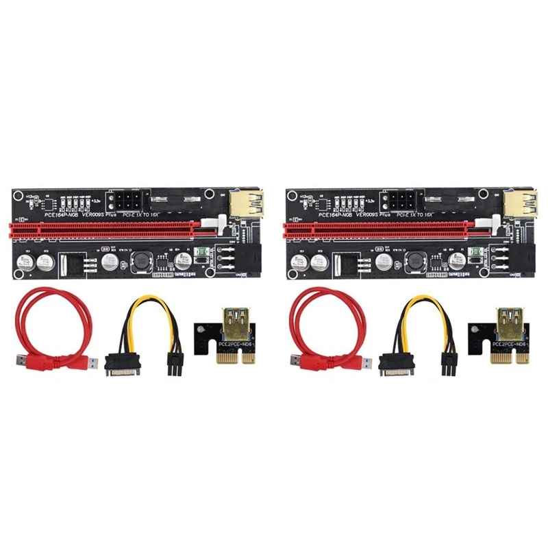 

2Set PCI-E Riser VER009S Plus GPU PCIE Card PCI E X16 To X1PCI Express Adapter Card 6Pin To SATA USB3.0 With LED Lights