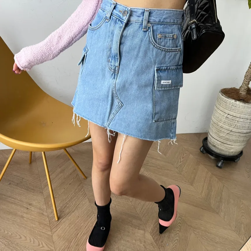 

Женская джинсовая юбка с высокой талией, повседневная трапециевидная юбка с карманами, модель N53 в Корейском стиле на лето, 2023