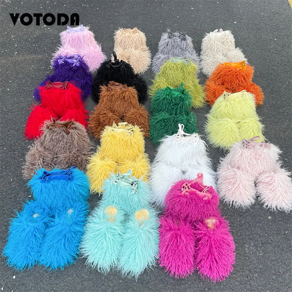 Luxury Mongolian Fur Slippers Faux Wool Fluffy Fur Slides Home Flat Flip Flop Cute Furry Tassel Handbag Women Shoes Shoulder Bag