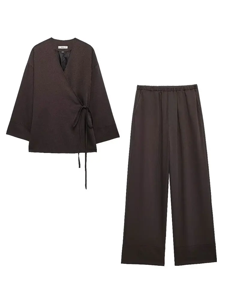 Женский брючный костюм TRAFZA однотонная Свободная рубашка и длинные пижамные