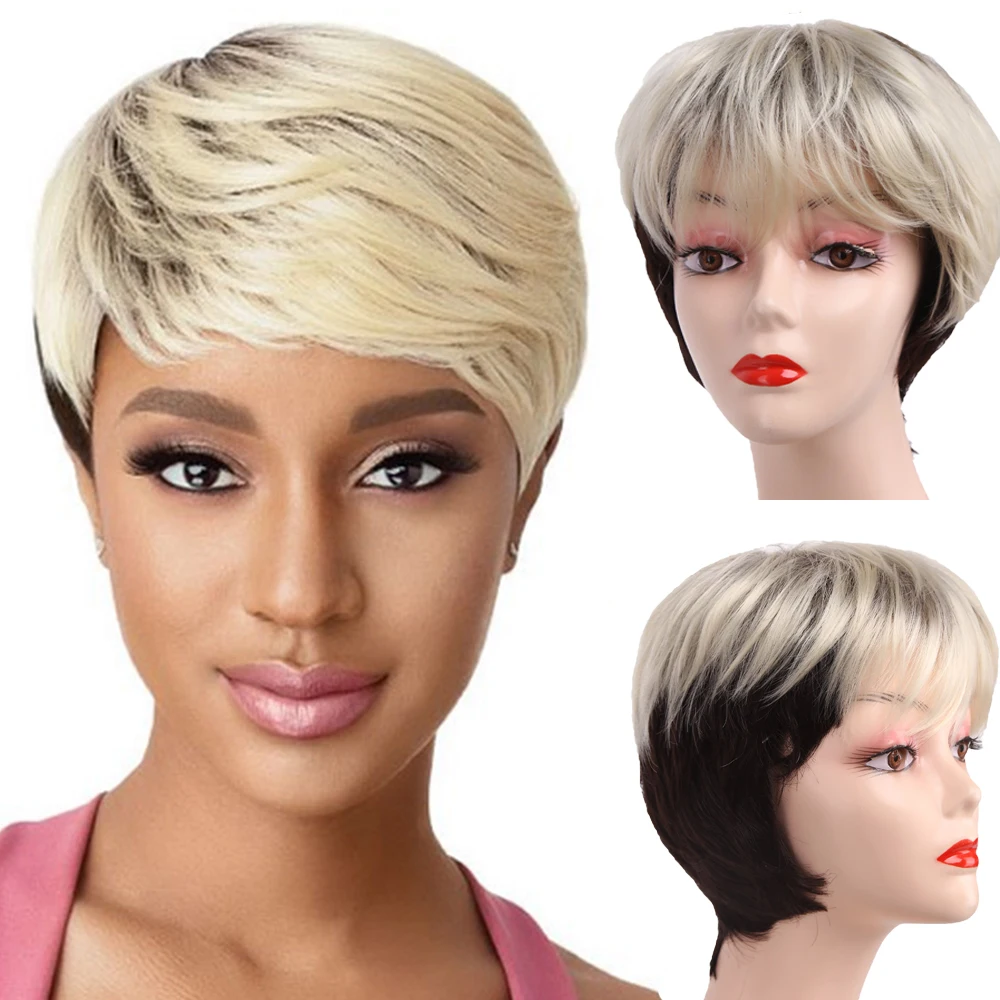 Amir Short Blonde Synthetic Wigs For Women Pixie Hair Cut Puffy Natural Staight Wig Free Side Part Bangs Cosplay | Шиньоны и парики