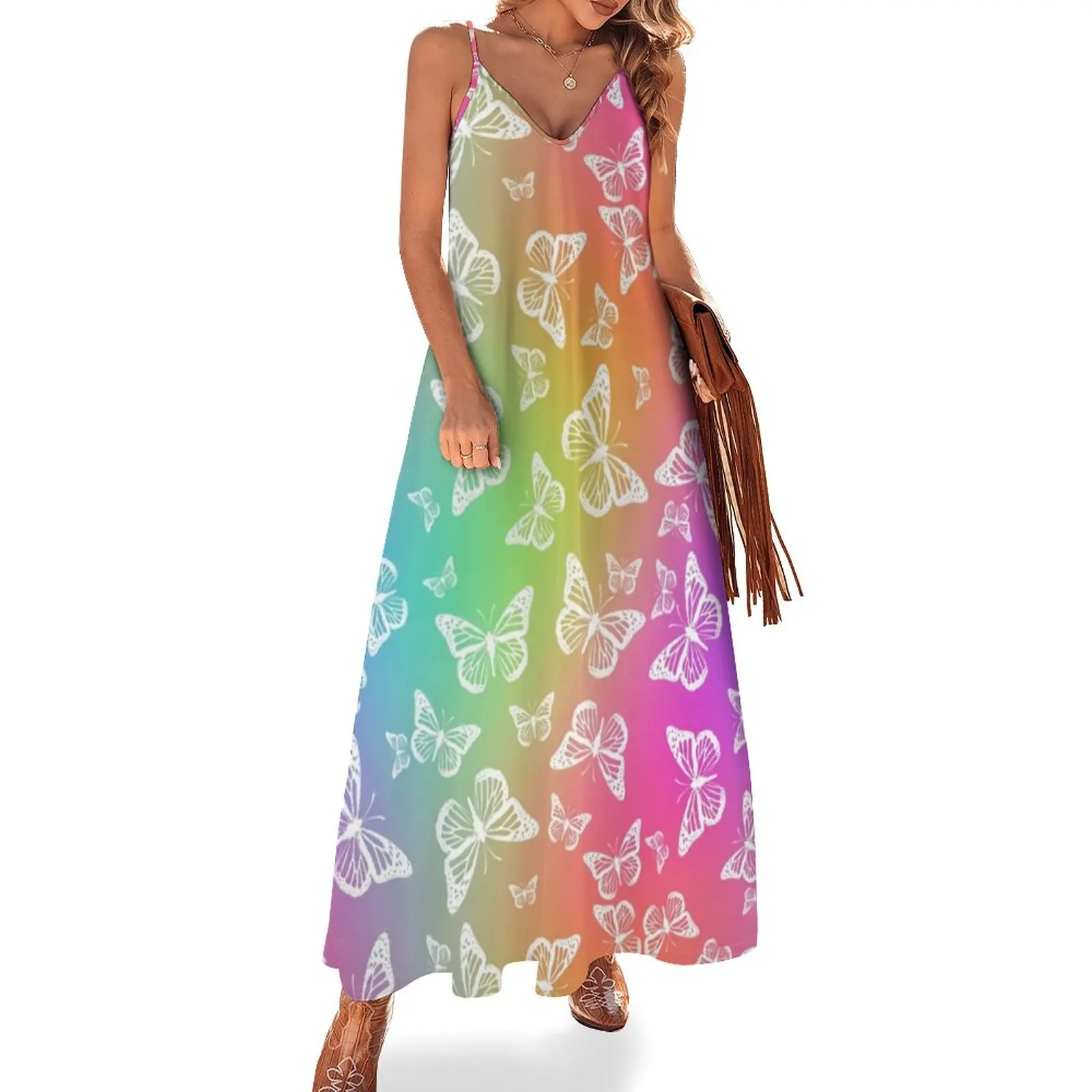 

Женское длинное платье с радужным принтом, белое винтажное платье макси с V-образным вырезом, в богемном стиле, большие размеры 3XL, 4XL