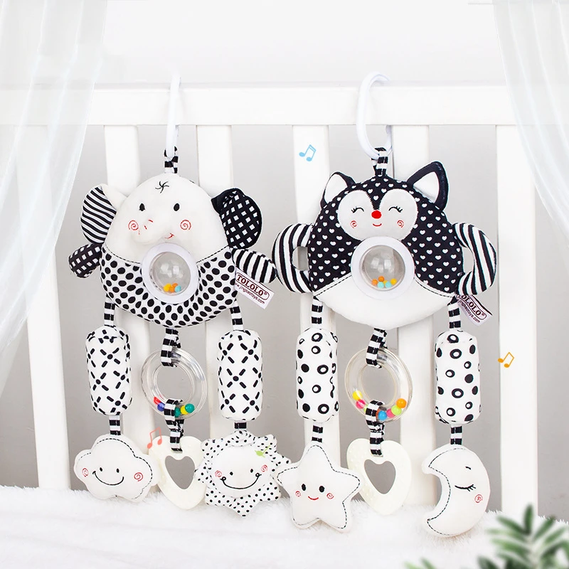 

Cartoon Bed Stroller Hanging Rattles Infant Plush Toddler Toys Black White Visual Baby Squeaky Hand Bells Dolls Gift For Baby