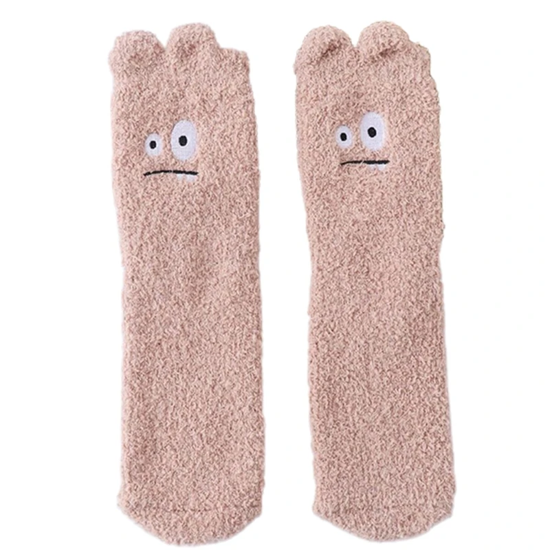 

Women Cartoon Animal Embroidery Fuzzy Slipper Socks Cute 3D Ears Winter Coral Velvet Thicken Fluffy Warm Fluffy Hosiery smiley