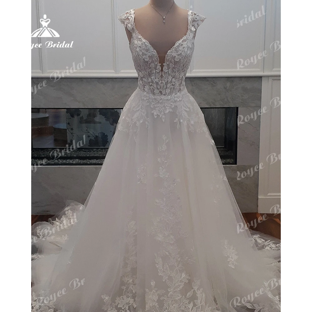 

Roycebridal Lace Boho Bohemian Wedding Dress for Women 2024 Plunging V Neck Appliques Bridal Gown abito da sposa