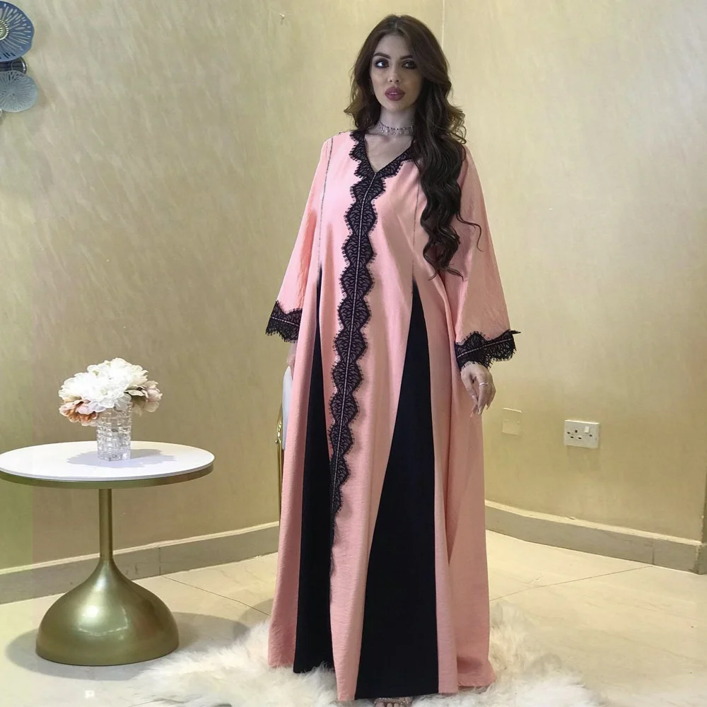 

Abaya Muslim 2022 fashion lace V-neck summer Gown Dress