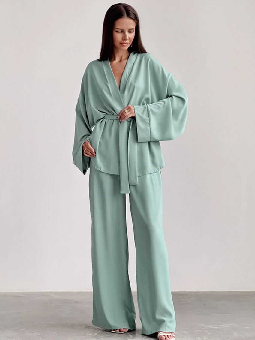 

Casual Lace Up Full Sleeves Robe Sleepwear Women Pajamas Sets Womens Outfits Wide Leg Pants Suits Homewear Female