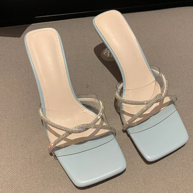 

Women Slippers 2022 Fashion New Crystal Thin High Heel Flip Flops Shoes Female Square Toe Transparent Casual Slides Ladies Pumps