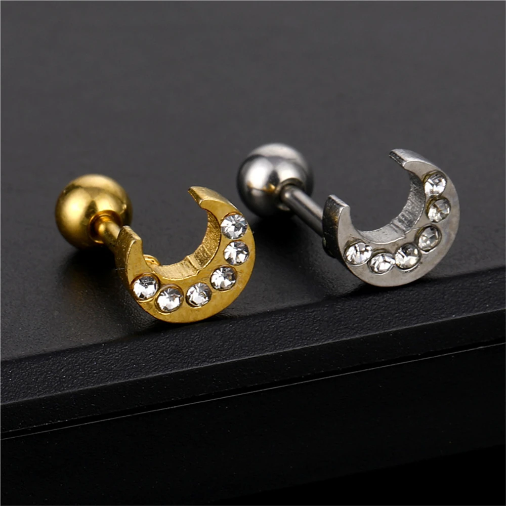 

1Pair Moon Ear Studs for Women Girls Fashion Stainless Steel Cartilage Piercing Stud Earrings Screw Rhinestone Ear Studs Jewelry
