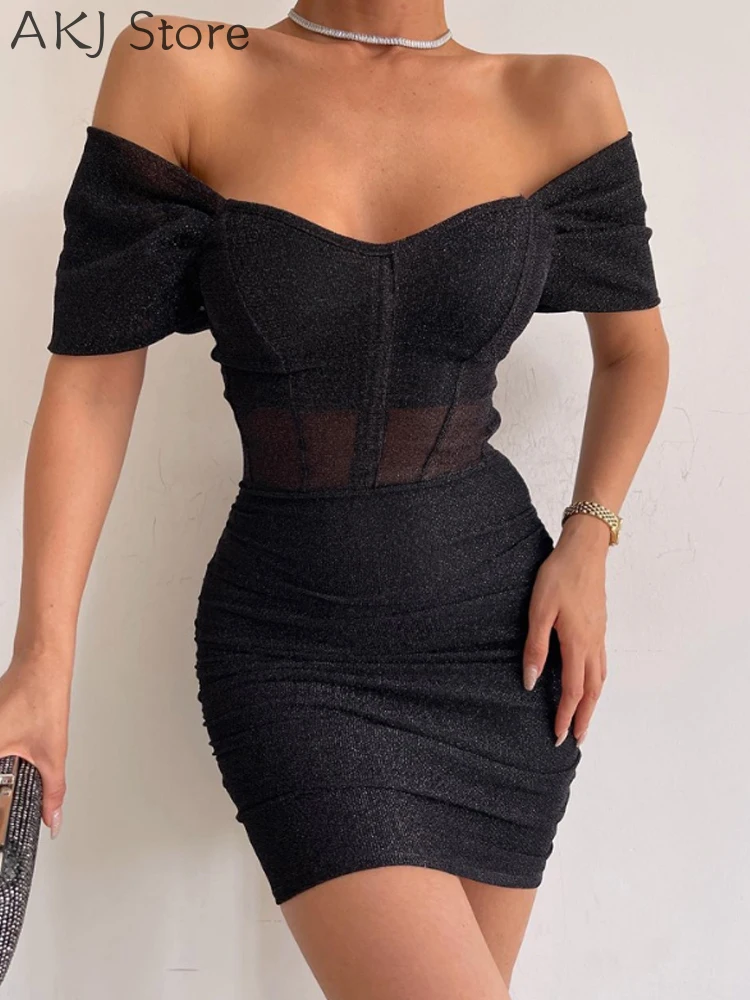 

Women Short Sleeve Shiny Glitter Off Shoulder Ruched Party Dress