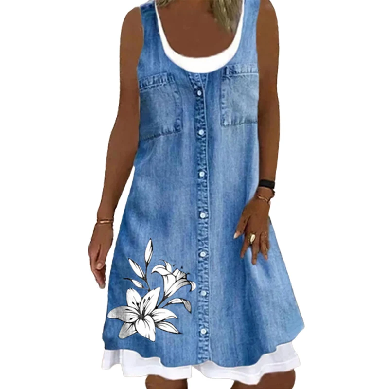 

Женское Повседневное платье с круглым вырезом, платье-трапеция до колен без рукавов с цветочным 3D принтом, весна-лето 2023