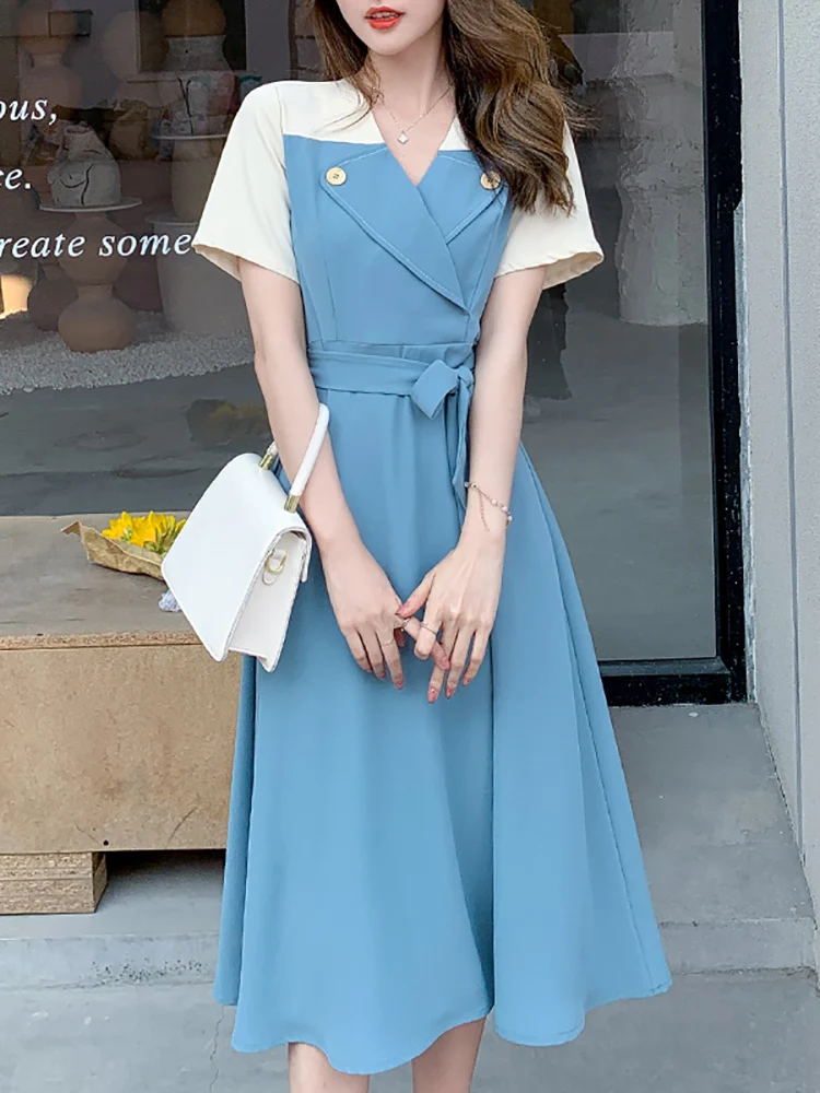 

Женское винтажное платье в стиле Хепберн, голубое длинное платье составного кроя с коротким рукавом, элегантный повседневный и вечерний наряд в Корейском стиле на лето, 2023