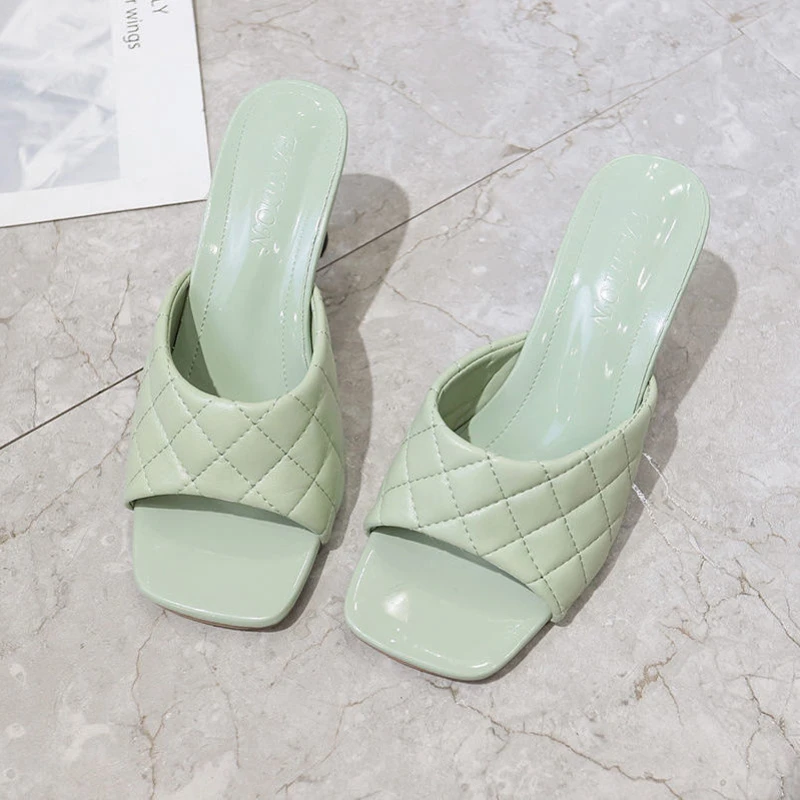 

Slippers Women High Heels Square Head Ladies Shoes Fashion Woman Pumps Solid Color Casual Summer Slippers Outdoor Heeled Sandals