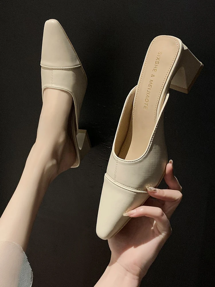 

Shoes Square heel Med Slippers Soft Women Heels Female Mule Loafers Pointed Toe Slides Pantofle Block Comfort High Mules 2023