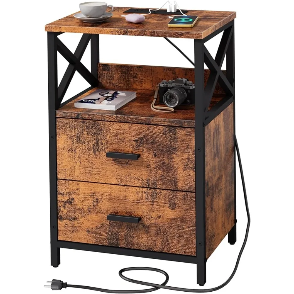 

Тумбочка LTTDOUK с зарядной станцией, винтажный стол с 2 деревянными ящиками, боковой столик для спальни, гостиной