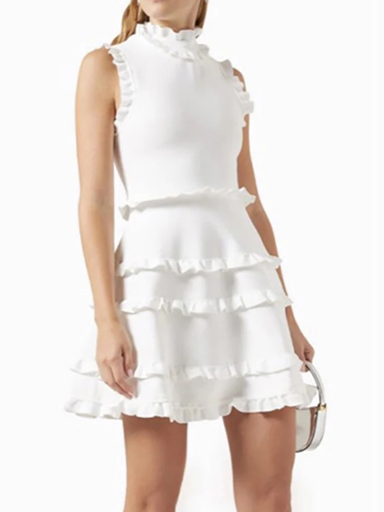 

New Sexy White Layered Ruffled Standing Collar A-Line Mini Bandage Dress Vestidos Para Mujer Celebrity Evening Cocktail Party