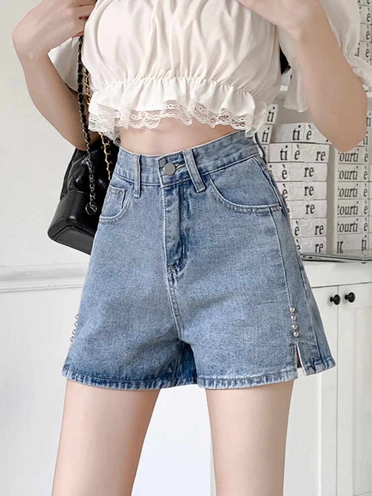 Spring Summer Women High Waist Wide Leg Retro Blue Denim Shorts Streetwear Female Button Rivet Jeans Shorts Bottoms