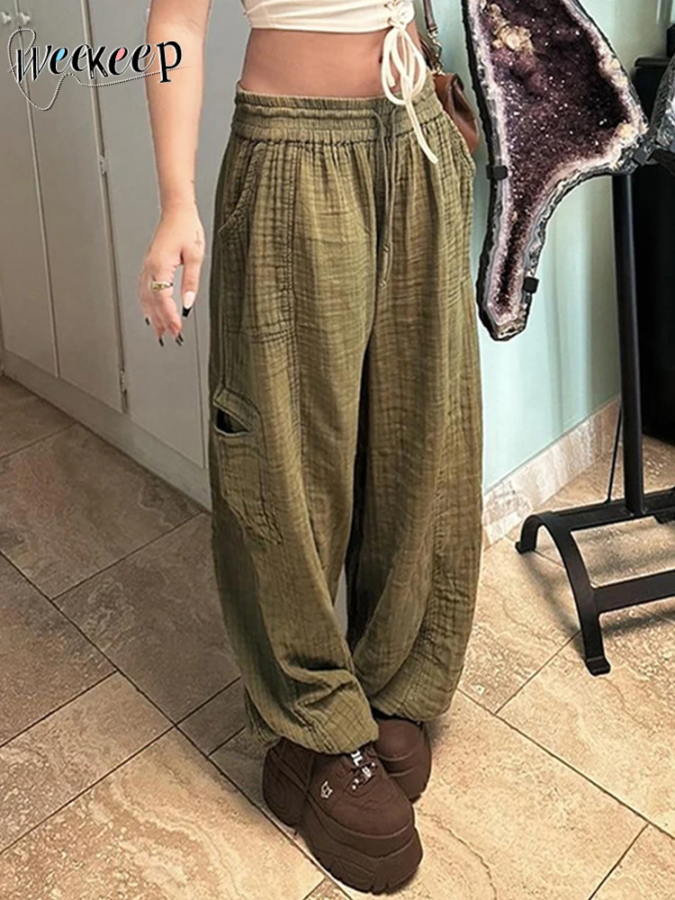 

Weekeep Grunge y2k Straight Pants Bandage Elastic Low Rise Baggy Casual Pants for Women Y2k Harajuku Pocket Trousers Streetwear