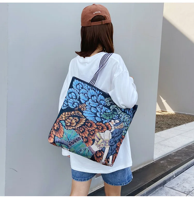 British retro ladies canvas bag ethnic style large-capacity handbags student canvas shoulder bags reusable ladies shopping bags