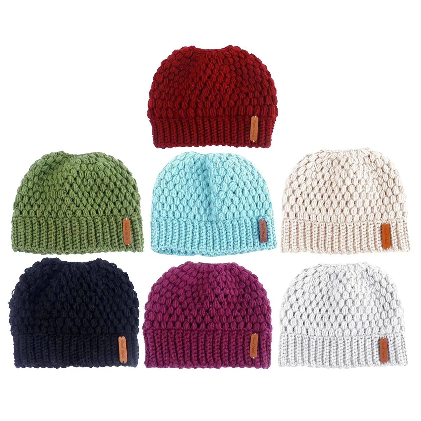 

Winter Knitting Hats Warm Women Ladies Girl Stretch Knit Messy Bun Ponytail Beanie Holey Hats Caps for Outdoor Sports