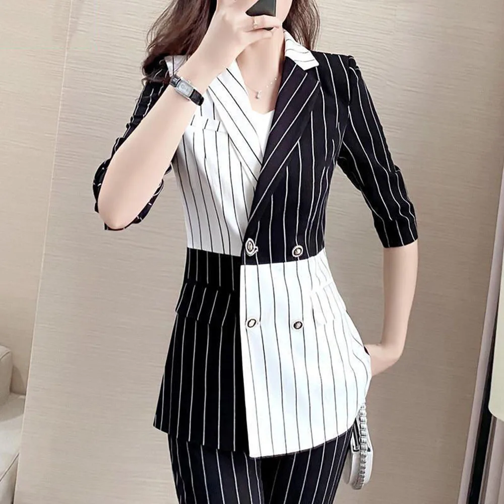 Fashion Professional Suit Ladies Black White Stitching Striped Suit Jacket Slim Straight Trousers Blazer Business Two-piece Sets