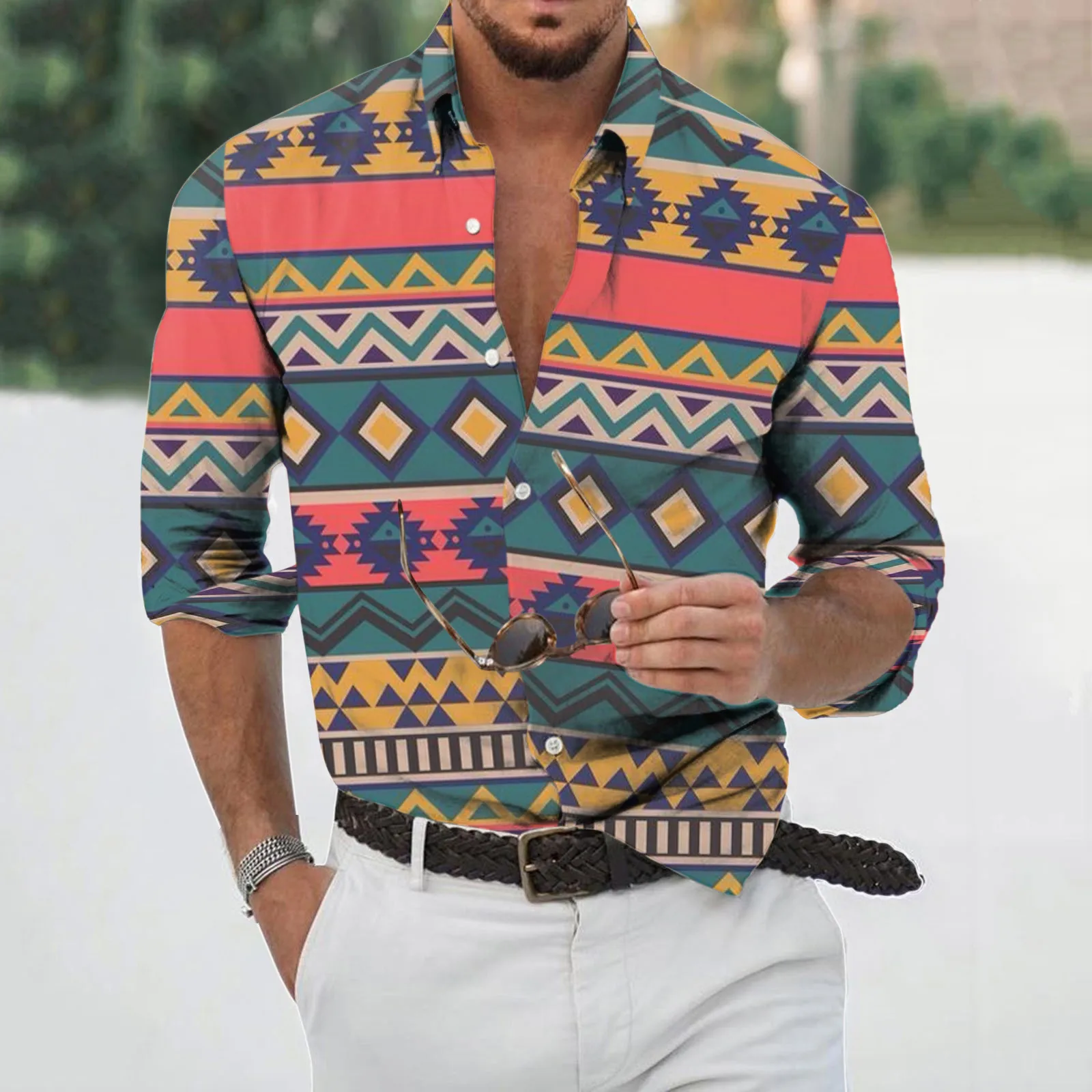 

Mens Retro Ethnic Tribal Aztec Pattern Lapel Long Sleeve Shirts Camisa Masculina Casual Relaxed Fit Button Up Shirt Blouse