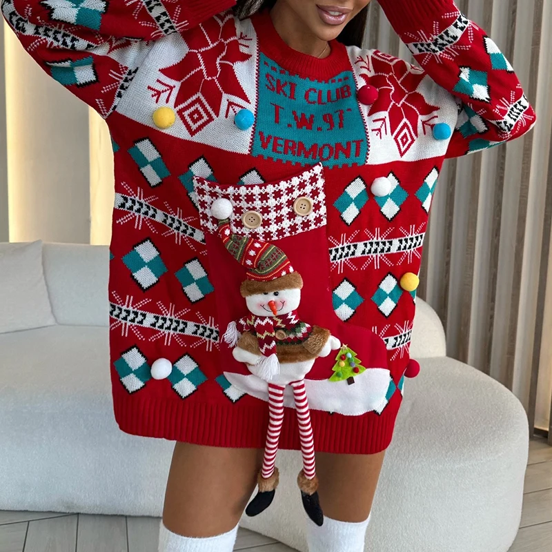 Элегантный фестивальный свитер с круглым вырезом зима 2024 рождественские вязаные