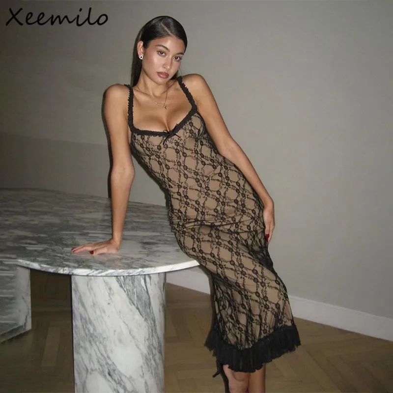 Xeemilo Женское Сексуальное Длинное Прозрачное Платье С Кружевной Отделкой И