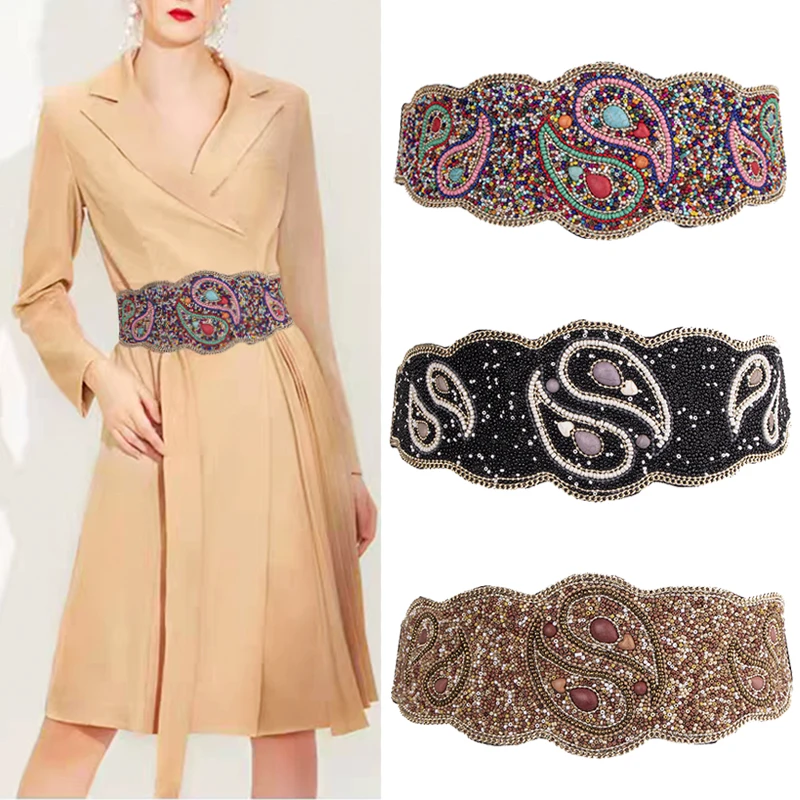 Bohemian Elastic Corset Wide Belt for Women Beads Designer Ethnic Corset Belt Female Coat Dress Decorated Girdle
