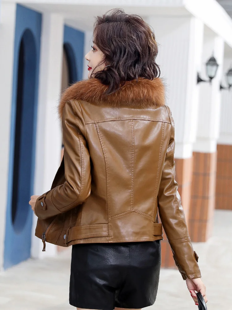 New Women Sheepskin Jacket Autumn Winter Fashion Fox Fur Collar Plus Velvet Lining Thick Warm Leather Biker Jacket Split Leather