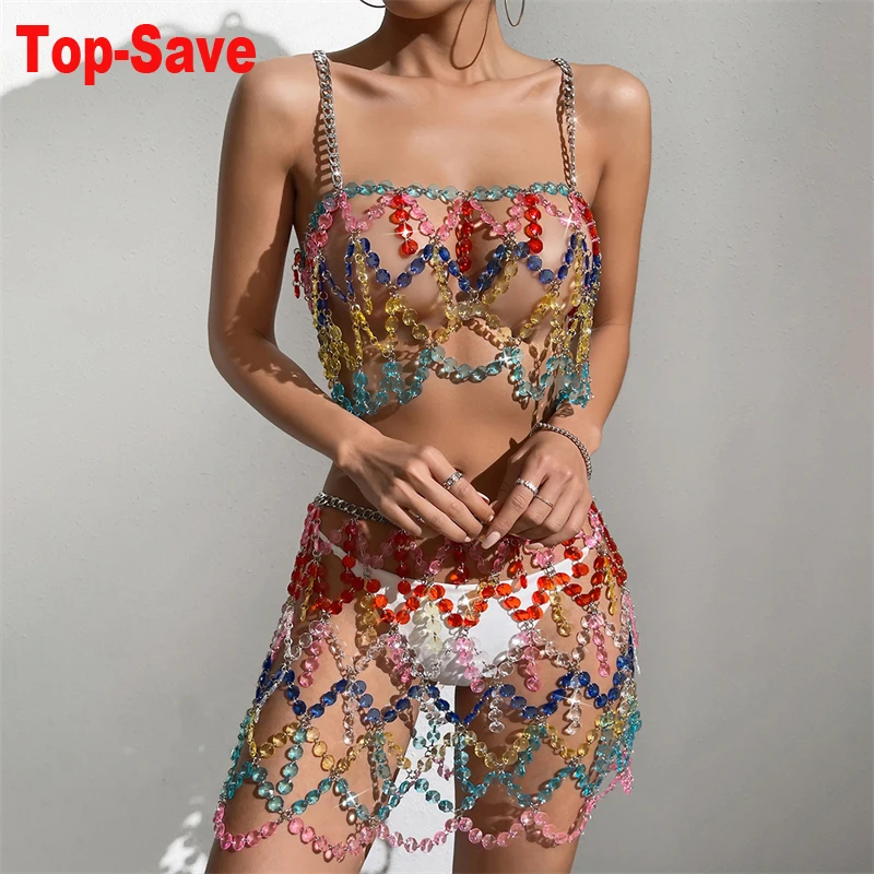 

Женский комплект из 2 предметов для отпуска, сексуальный кружевной комплект из 2 предметов, украшенный стразами, летний комплект для юбка для фестиваля, пляжный комплект из 2 предметов