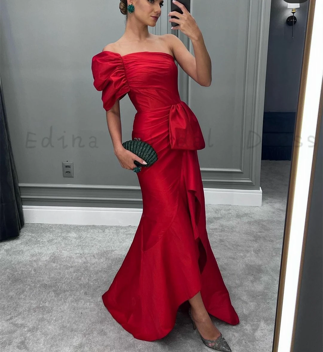 

Women's Red Satin Evening Dresses for Musilm One Shoulder Floor Length Trumpet Formal Dress with Pleated vestidos para muje gala